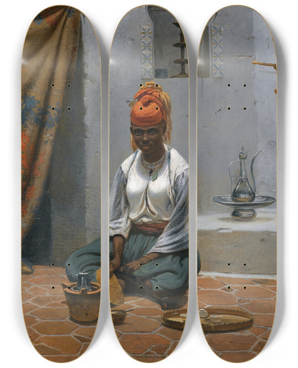 Triptych art skateboard deck of Georg Wilhelm Timm Making Tea In Algiers by Georg Wilhelm Timm (1820-1895)
