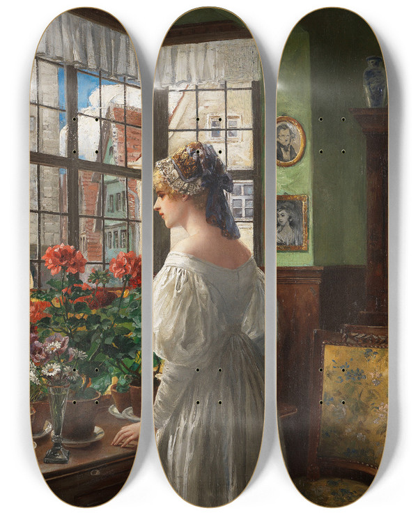 Triptych art skateboard deck of Carl Rhling Dame Am Fenster by Carl Rohling (1849-1922)
