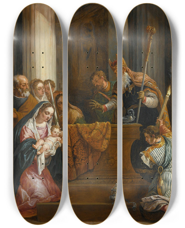 Triptych art skateboard deck of David Teniers The Younger The Presentation In The Temple by David Teniers The Younger (1610-1690)
