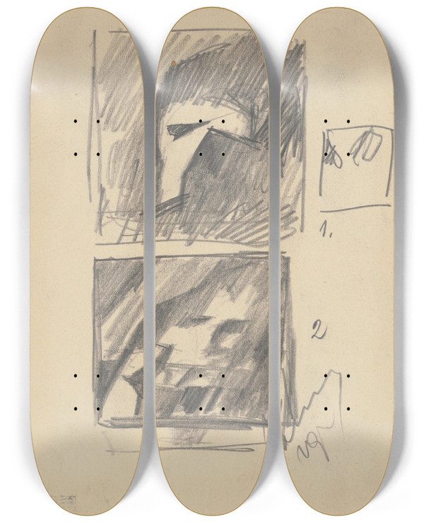 Triptych art skateboard deck of Zolo Palugyay Composition Study I Ii On One Page by Zolo Palugyay (1898-1935)