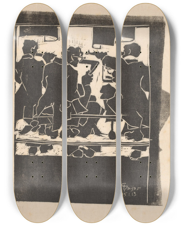 Triptych art skateboard deck of Reijer Stolk Drie Muzikanten by Reijer Stolk (1896-1945)