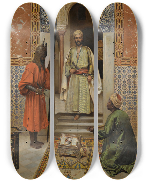 Triptych art skateboard deck of Rudolf Weisse The Arms Merchant Presenting His Wares by Rudolf Weisse (1869-1930)