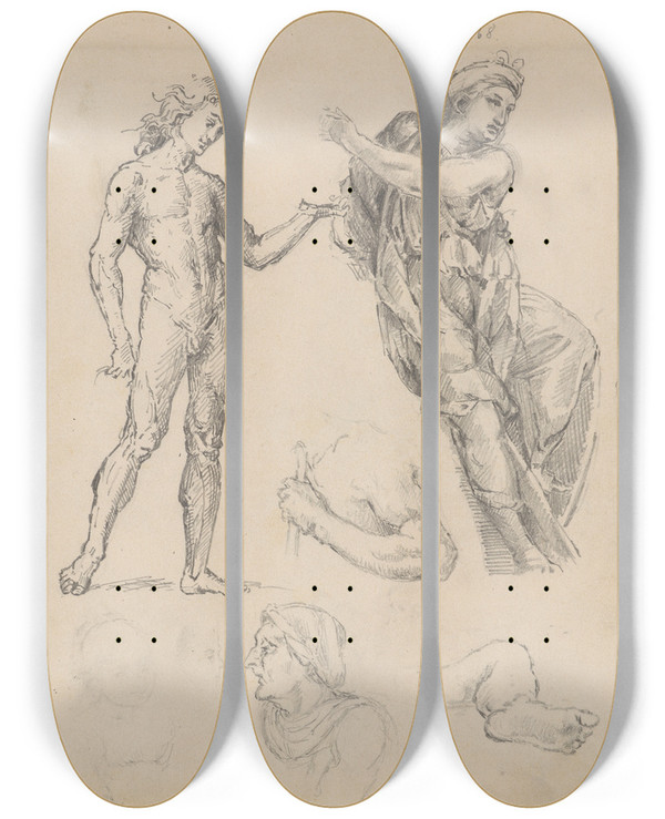 Triptych art skateboard deck of Stanisaw Wyspiaski Drawings Of A Book Illustration Dedicated To Italian Art by Stanislaw Wyspianski (1869-1907)