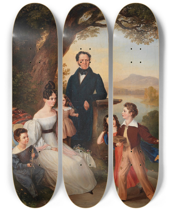 Triptych art skateboard deck of Johann Fischbach Baron Cerrini Mit Seiner Familie by Johann Fischbach (1797-1871)