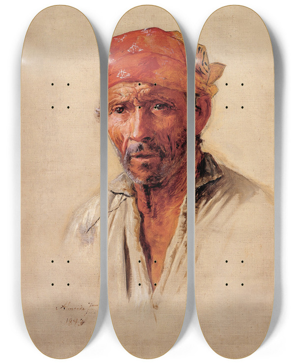 Triptych art skateboard deck of Almeida Jnior Study Of Caipiras Head by Almeida Junior (1850-1899)