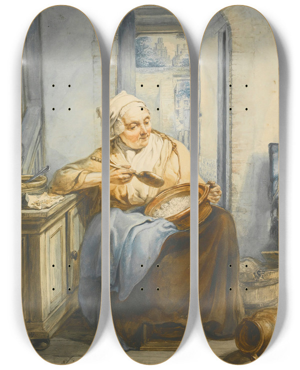Triptych art skateboard deck of Jacob Van Strij Interior With An Old Lady Preparing Food by Jacob Van Strij (1756-1815)