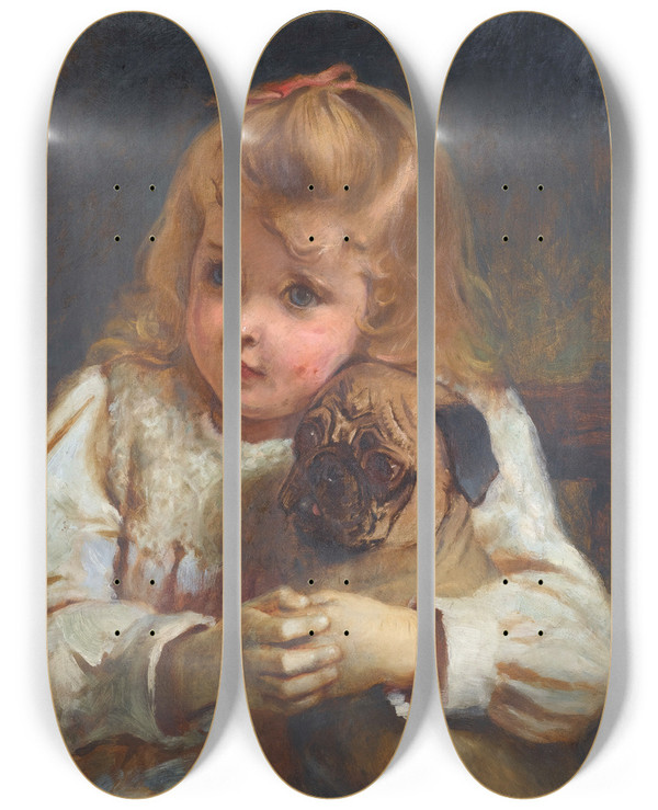 Triptych art skateboard deck of Charles Burton Barber Concern Girl With A Pug by Charles Burton Barber (1845-1894)