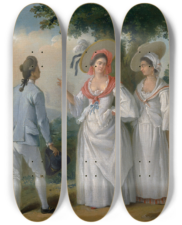 Triptych art skateboard deck of Agostino Brunias Free West Indian Creoles In Elegant Dress by Agostino Brunias (1730-1796)
