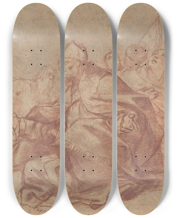 Triptych art skateboard deck of Mattia Preti Seated Bishop With Arms Extended And Three Attendant Figures by Mattia Preti (1613-1699)