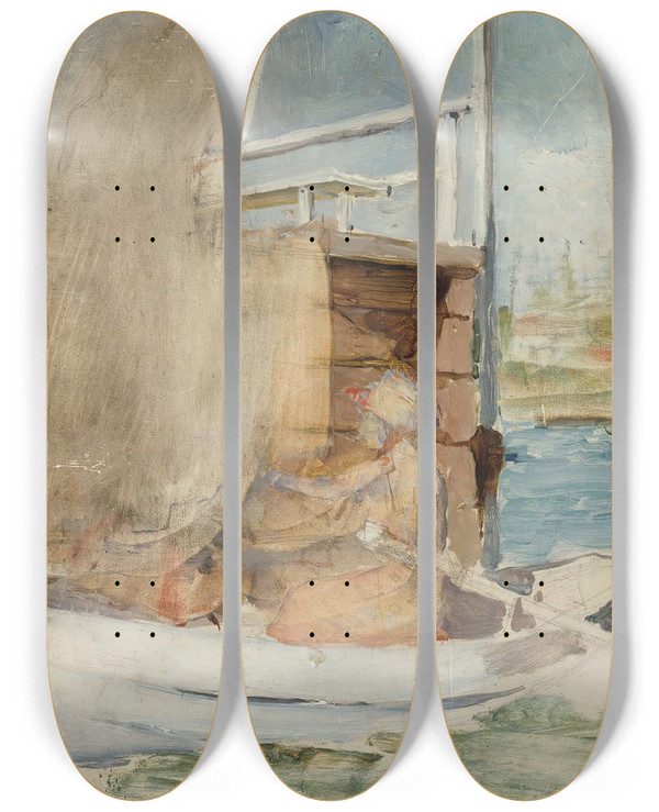 Triptych art skateboard deck of Albert Edelfelt A Woman In A Boat At The Pier_2 by Albert Edelfelt (1854-1905)