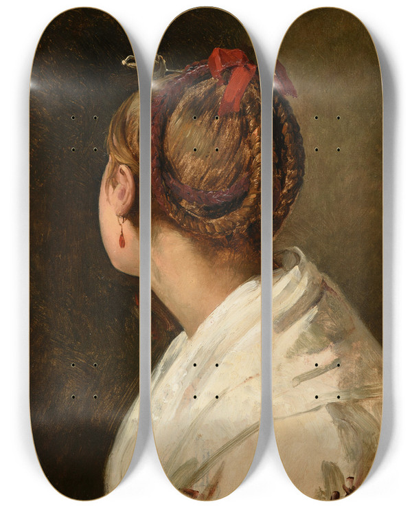 Triptych art skateboard deck of Jacquesraymond Brascassat Tte De Jeune Romaine by Jacques Raymond Brascassat (1804-1867)