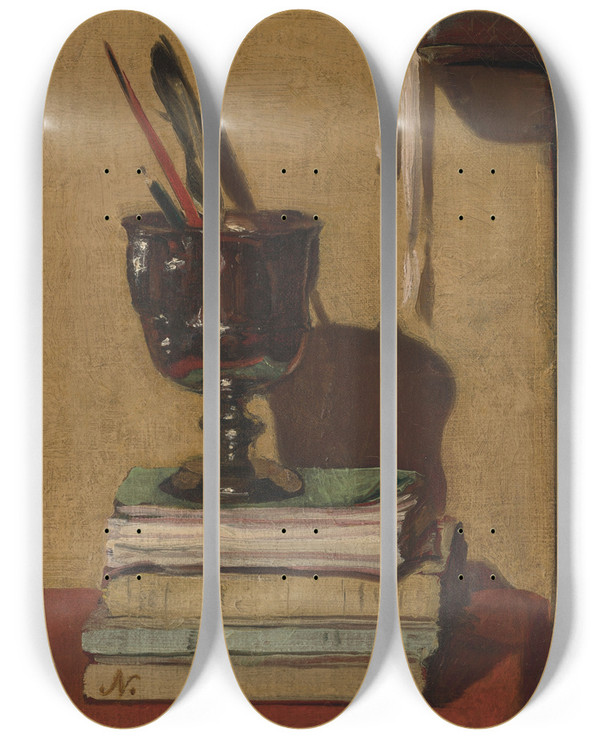 Triptych art skateboard deck of William Nicholson Vase And Books On A Red Table by William Nicholson (1872-1949)