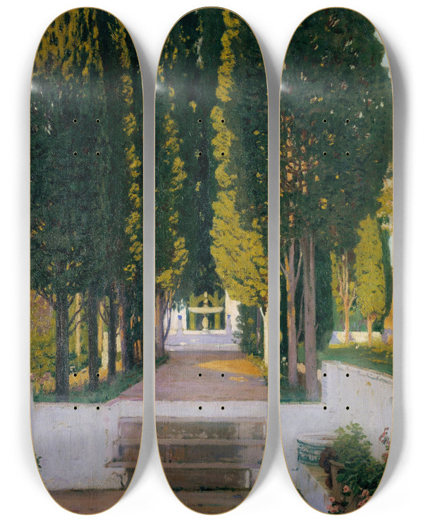 Triptych art skateboard deck of Santiago Rusiol Gardens Of The Generalife_2 by Santiago Rusinol (1861-1931)