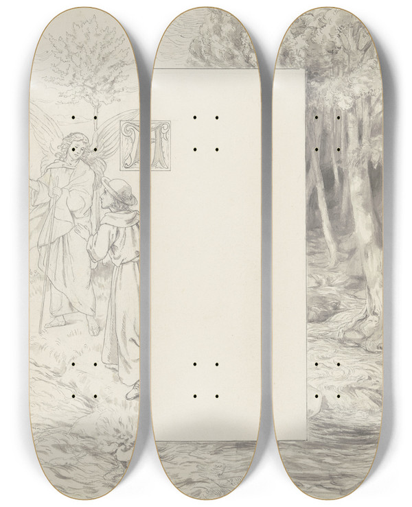 Triptych art skateboard deck of Wilhelm Steinhausen Diethers Traum Vom Engel Gottes by Wilhelm Steinhausen (1846-1924)