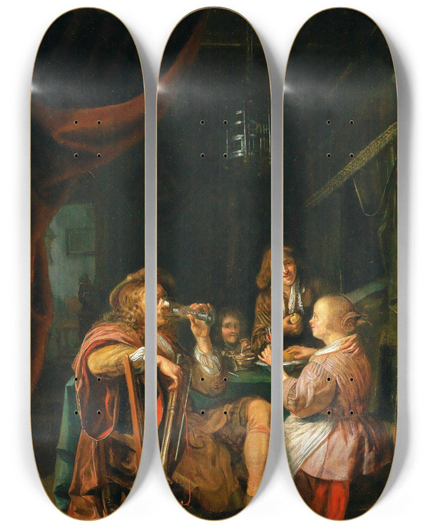 Triptych art skateboard deck of Domenicus Van Tol An Elegant Company In An Interior by Domenicus Van Tol (1635-1676)