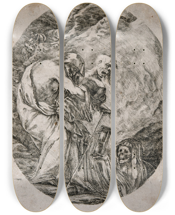 Triptych art skateboard deck of Stefano Della Bella Death Carrying An Old Man Into A Grave by Stefano Della Bella (1610-1664)