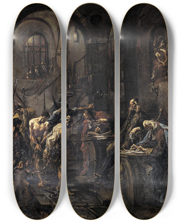 Triptych art skateboard deck of Alessandro Magnasco Brutal Interrogation by Alessandro Magnasco (1667-1749)