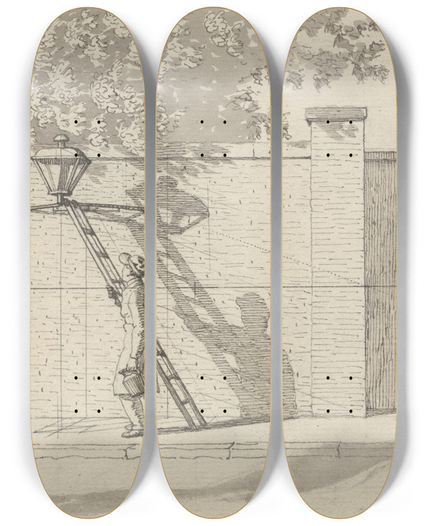Triptych art skateboard deck of Christoffer Wilhelm Eckersberg Linearperspektiven Anvendt Paa Malerkunsten Tavle Vi Gadelygten P Parkens Mur Dagslys by Christoffer Wilhelm Eckersberg (1783-1853)