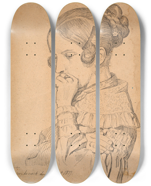 Triptych art skateboard deck of Johan Thomas Lundbye Portrt Af En Ung Dame 34 Profil Mod Venstre by Johan Thomas Lundbye (1818-1848)