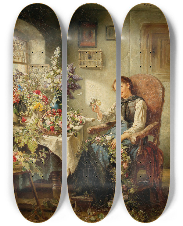 Triptych art skateboard deck of Rosa Schweninger A Garland Of Flowers by Rosa Schweninger