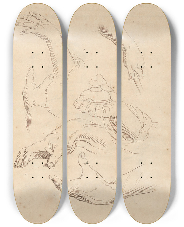Triptych art skateboard deck of Hamlet Winstanley Sketches Of Hands_4 by Hamlet Winstanley (1698-1756)