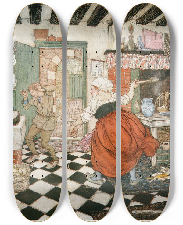 Triptych art skateboard deck of Arthur Rackham Manys The Beating He Had From The Broomstick Or The Ladle by Arthur Rackham (1867-1939)