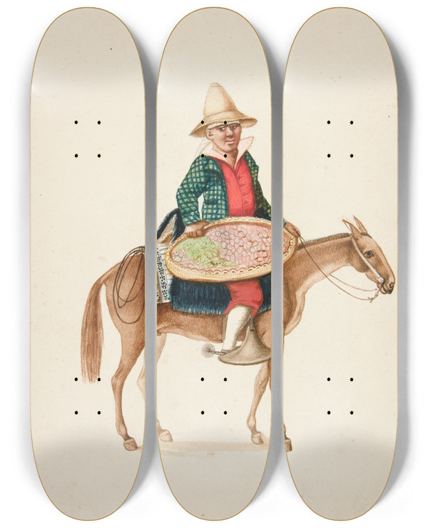 Triptych art skateboard deck of Francisco Fierro Fruit Seller by Francisco Fierro (1807-1879)
