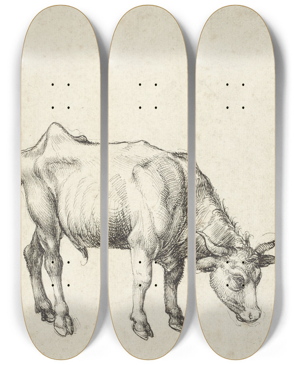 Triptych art skateboard deck of Albrecht Drer Young Bull by Albrecht Durer (1471-1528)
