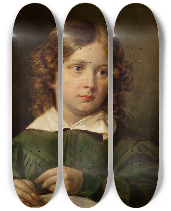 Triptych art skateboard deck of Jan Nepomucen Glowacki Portrait Of A Writing Child by Jan Nepomucen Glowacki (1802-1847)