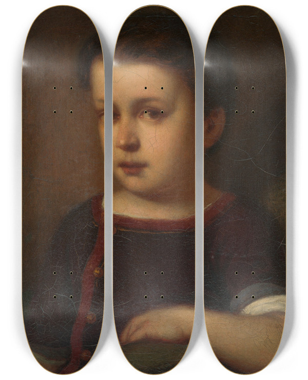 Triptych art skateboard deck of Gyula Benczr Portrait Of A Child by Gyula Benczur (1844-1920)