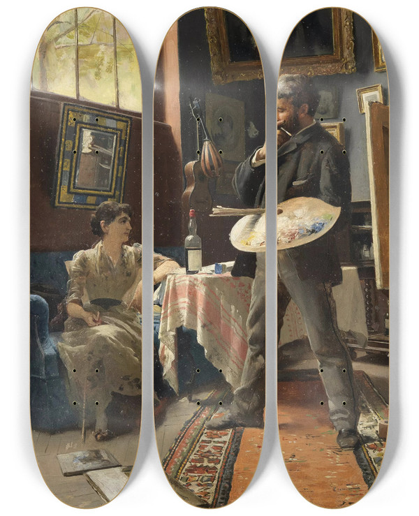 Triptych art skateboard deck of Hans Temple Selfportrait Of Hans Temple In The Studio With A Model by Hans Temple (1857-1931)