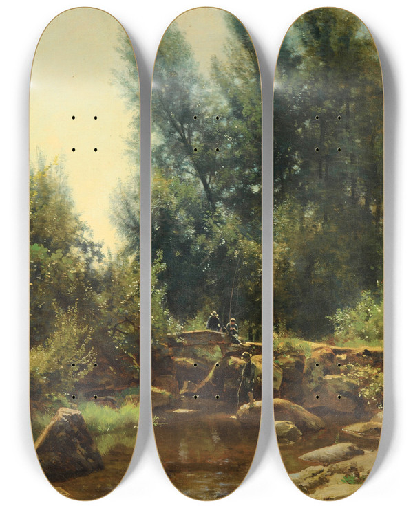 Triptych art skateboard deck of Francoislouis Franais La Partie De Pche by Francois Louis Francais (1814-1897)