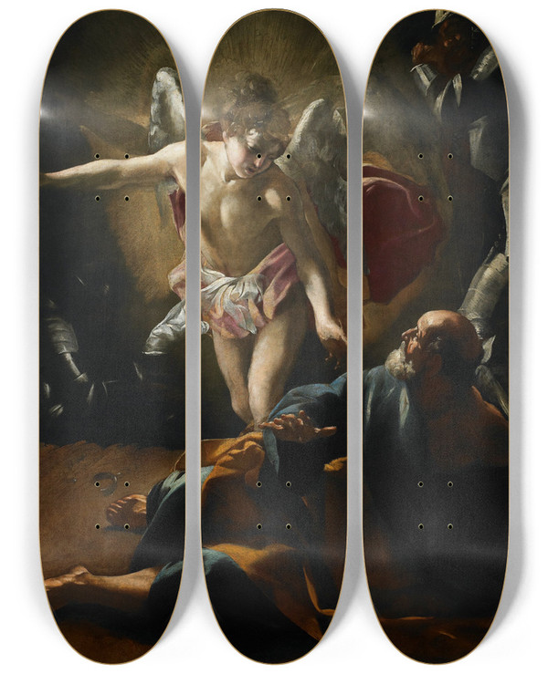 Triptych art skateboard deck of Giovanni Lanfranco Liberation Of Saint Peter by Giovanni Lanfranco (1582-1647)