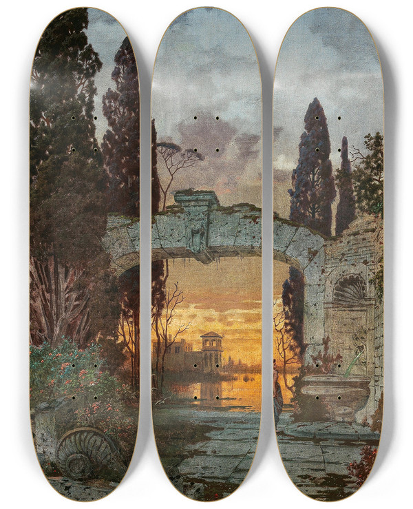 Triptych art skateboard deck of Ferdinand Knab An Arcadian Landscape by Ferdinand Knab (1834-1902)