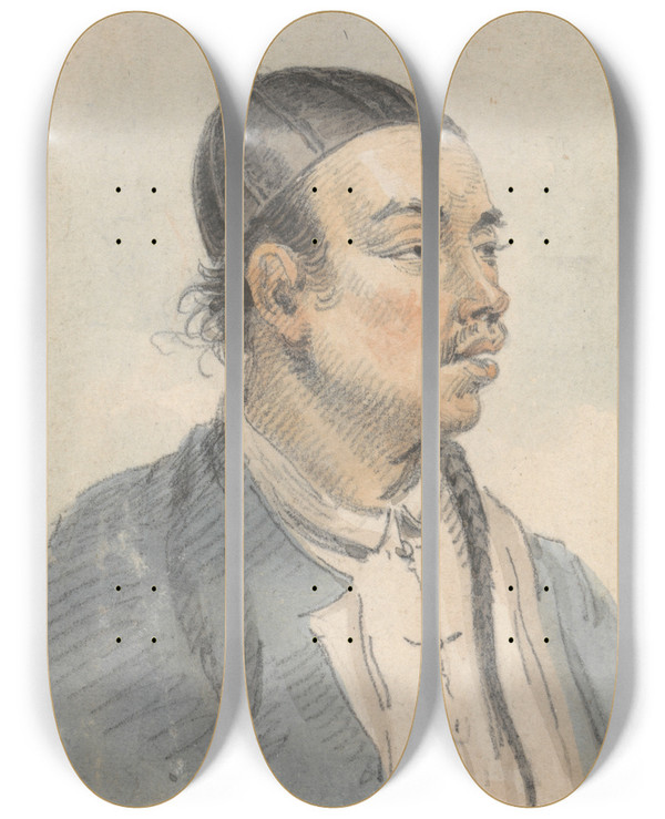 Triptych art skateboard deck of William Alexander Portrait Of A Chinese Man by William Alexander (1767-1816)