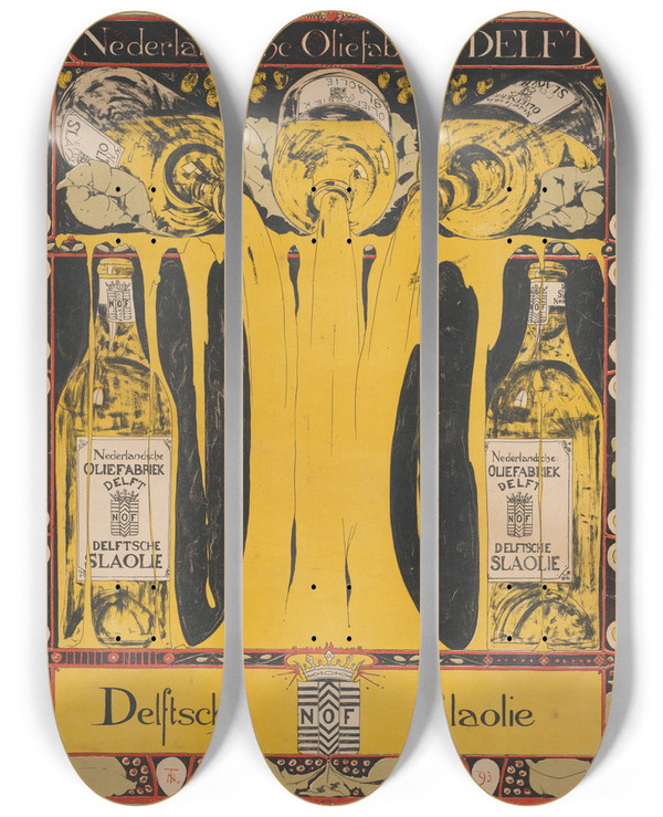 Triptych art skateboard deck of Theo Nieuwenhuis Nederlandsche Oliefabriek Delft Delftsche Slaolie by Theo Nieuwenhuis (1866-1951)