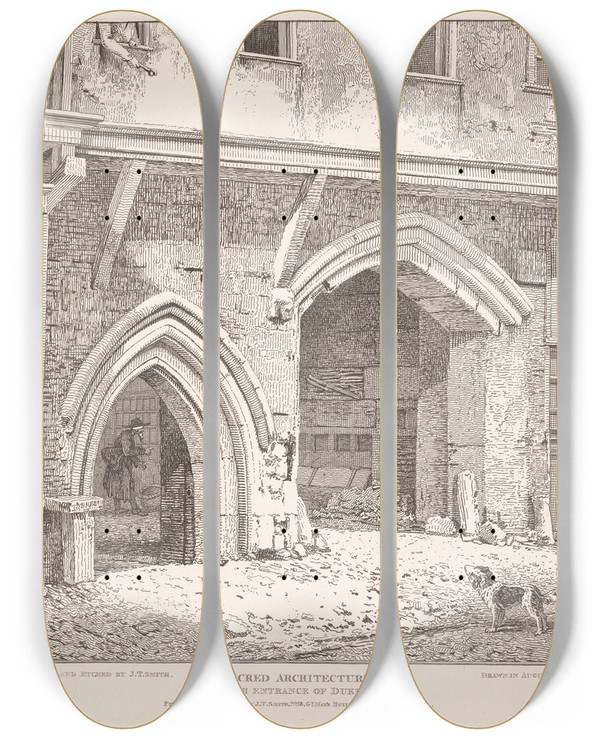 Triptych art skateboard deck of John Thomas Smith Sacred Architecture The South Entrance Of Dukes Place by John Thomas Smith (1766-1833)