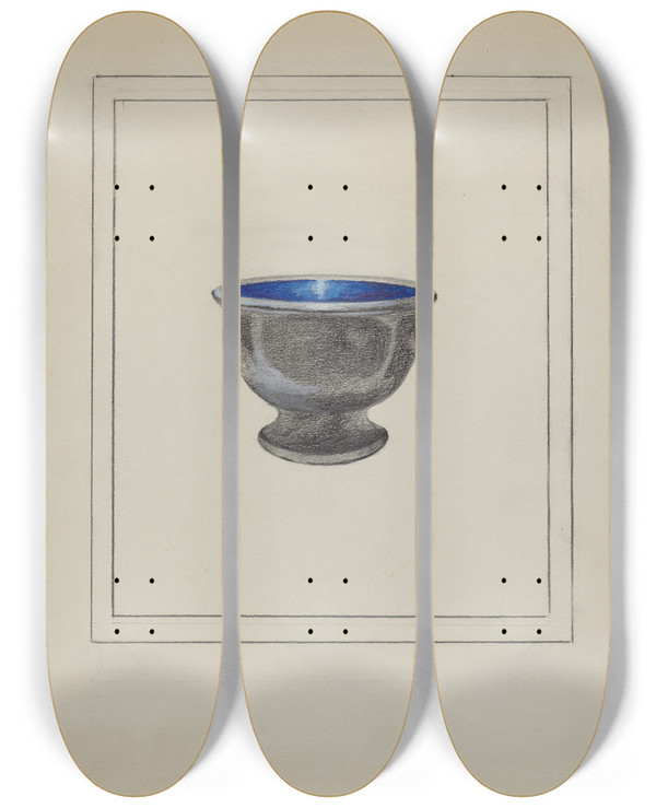 Triptych art skateboard deck of Sara Garfinkel Pewter Salt Or Sugar Bowl by Sara Garfinkel