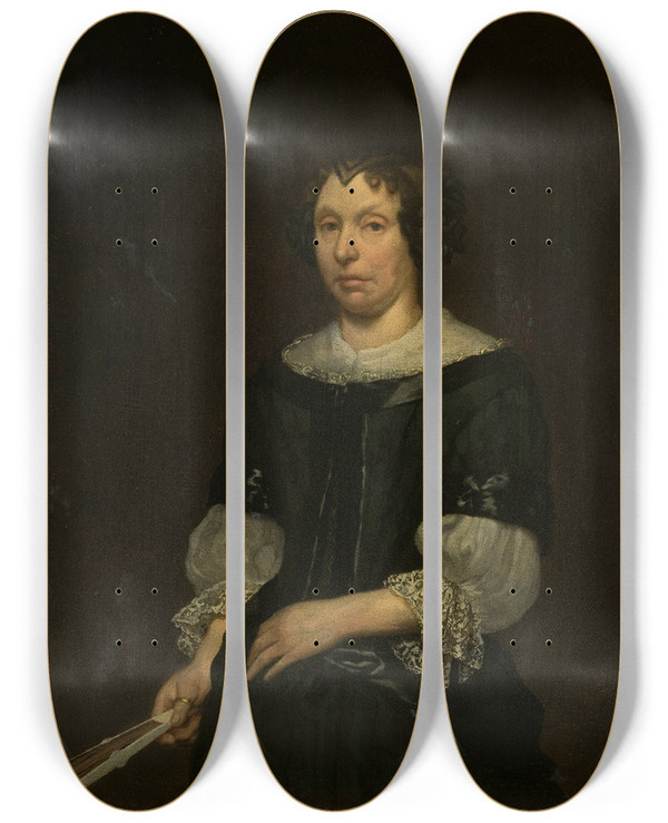 Triptych art skateboard deck of Hendrick Ten Oever Portrait Of A Lady With A Folding Fan by Hendrick Ten Oever (1639-1716)