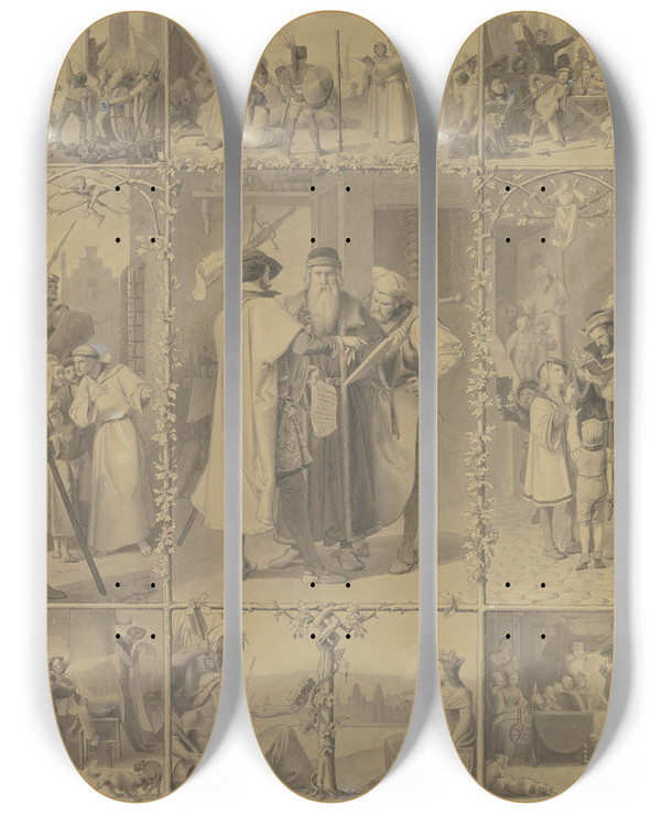 Triptych art skateboard deck of Alfred Rethel The Art Of Printing by Alfred Rethel (1816-1859)