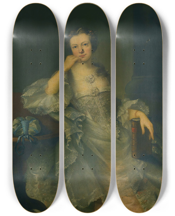 Triptych art skateboard deck of Sir Joshua Reynolds Portrait Of Miss Bullock by Sir Joshua Reynolds (1723-1792)