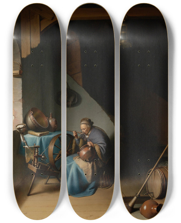 Triptych art skateboard deck of Gerrit Dou An Elderly Woman Seated By A Window At Her Spinning Wheel Eating Porridge by Gerrit Dou (1613-1675)