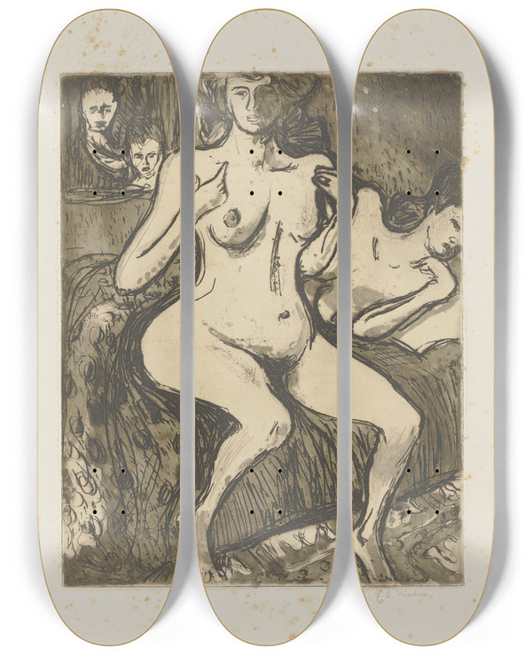 Triptych art skateboard deck of Ernst Ludwig Kirchner Zwei Schwestern by Ernst Ludwig Kirchner (1880-1938)