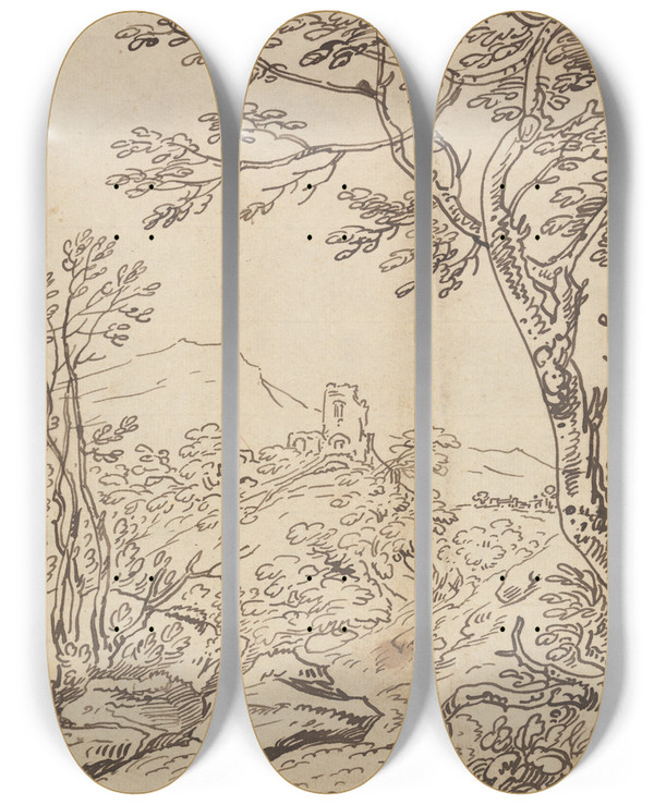 Triptych art skateboard deck of Joseph Farington Trees And A Distant Castle by Joseph Farington (1747-1821)