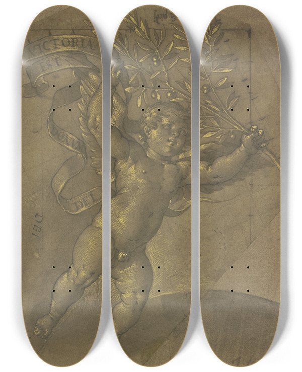 Triptych art skateboard deck of Jacopo Ligozzi Fliegender Engel Mit Lorbeerzweig Und Banderole by Jacopo Ligozzi (1547-1627)