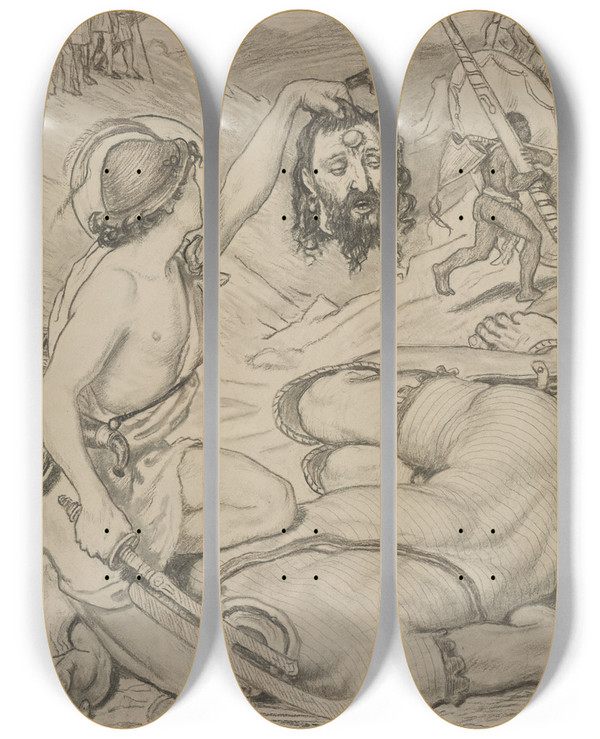 Triptych art skateboard deck of Ford Madox Brown David And Goliath Cartoon For Stained Glass Window At Jesus College Cambridge by Ford Madox Brown (1821-1893)