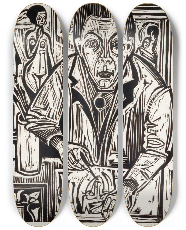 Triptych art skateboard deck of Ernst Ludwig Kirchner Selbstbildnis Holzschneidend by Ernst Ludwig Kirchner (1880-1938)