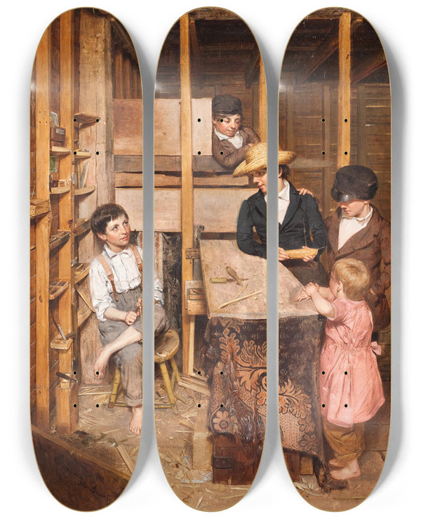 Triptych art skateboard deck of Allen Smith The Young Mechanic by Allen Smith (1810-1890)