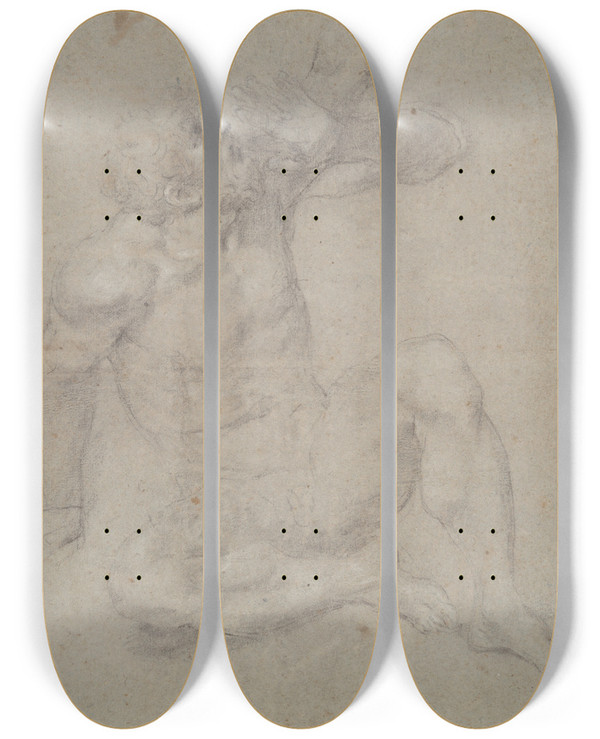 Triptych art skateboard deck of Domenichino Study Of A Seated Oldman by Domenichino (1581-1641)