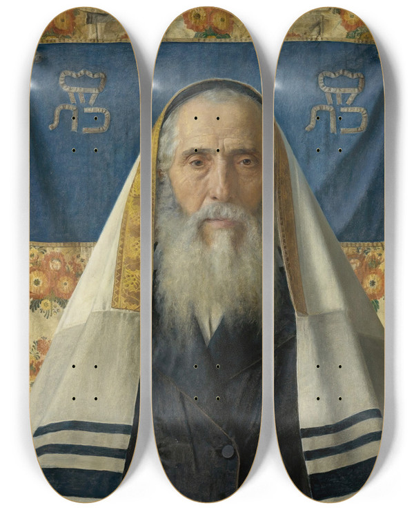 Triptych art skateboard deck of Isidor Kaufmann Portrait Of A Rabbi Withprayer Shawl by Isidor Kaufmann (1853-1921)